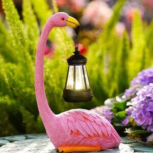 Flamingo Statue w/ Solar Lantern Bird Sculpture Yard Art Outdoor Garden Decor